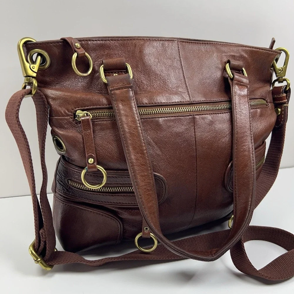 TARNISH Leather Hobo Crossbody Tote Bag Multi Zip Brass Boho Chic Shoulder Purse